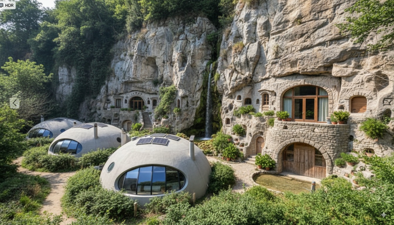 Case nelle rocce con cascata